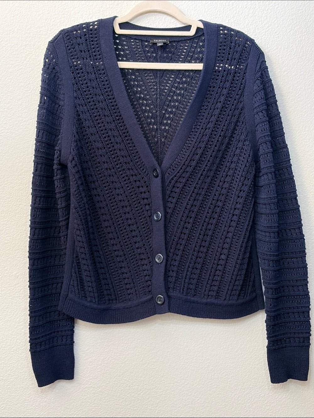 Talbots Navy Openwork V-Neck Button Front Cardigan